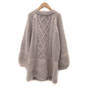  Heather Heather knitted One-piece mini height long sleeve off neck shaggy switch cable braided F pink /YS34 lady's 