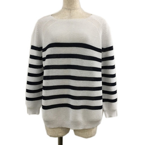  Ships SHIPS cut and sewn knitted pull over boat neck border .. feeling linen. long sleeve white black white black lady's 