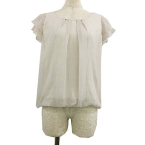  Proportion Body Dressing blouse cut and sewn pull over round neck plain pleat chiffon short sleeves 2 beige white 