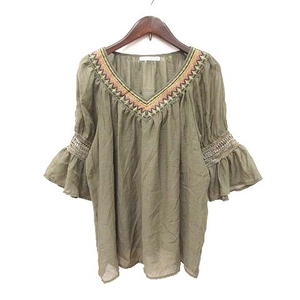  Nice Claup NICE CLAUP blouse shirt 7 minute sleeve flair sleeve race embroidery V neck chiffon F green khaki /CT #MO lady's 