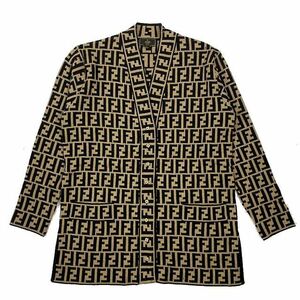  Fendi FENDI Vintage кардиган tops Zucca рисунок вязаный длинный V шея бежевый черный размер 42 женский 