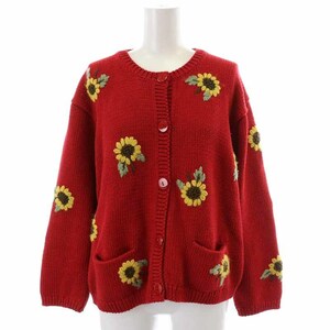  Pink House PINK HOUSE knitted cardigan cotton sunflower embroidery long sleeve red red /YI28 #OM lady's 