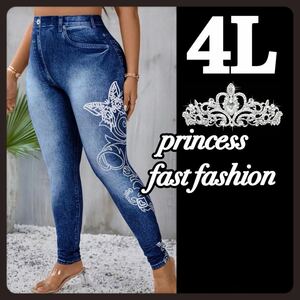 ** special ... goods ** [4L| navy ] Denim manner * butterfly . print * leggings * large size * lady's 