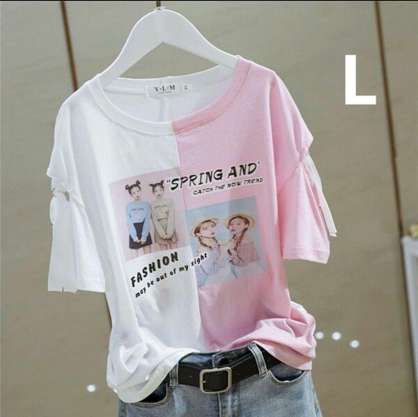 ピンク　LサイズTシャツ　プリントカラー　10代20代　レディース　半袖