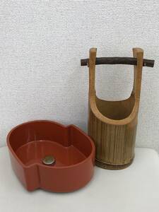  1円～【保管品】竹の花桶　小判型　2点セット　花器　花瓶　華道　和風