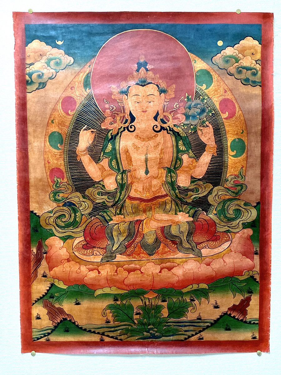 チベット タンカ 仏画 絹本 肉筆 仏教美術 観音菩薩 密教, 美術品, 絵画, その他