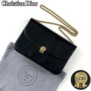 1円【美品】Christian Dior ディオール ショルダーバッグ 2way チェーン CD ゴールド金具 肩掛け 斜め掛け 革 オール レザー 黒 ブラック