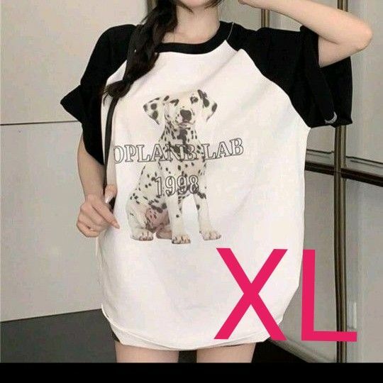 新品 オーバーサイズ Tシャツ 半袖Tシャツ 犬 プリントTシャツ ラグラン ダルメシアン柄