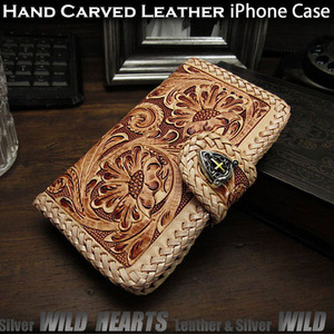 Art hand Auction iPhone XS Max iPhone case Smartphone case Notebook-style leather case Genuine leather Carving Handmade Saddle leather With concho, accessories, iPhone Cases, For iPhone XS Max