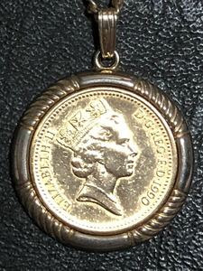 英国 ONE PENNY コイン ネックレス 硬貨 ペンダント イギリス 1ペニー 1990 エリザベス ヴィンテージ アンティーク ゴールド
