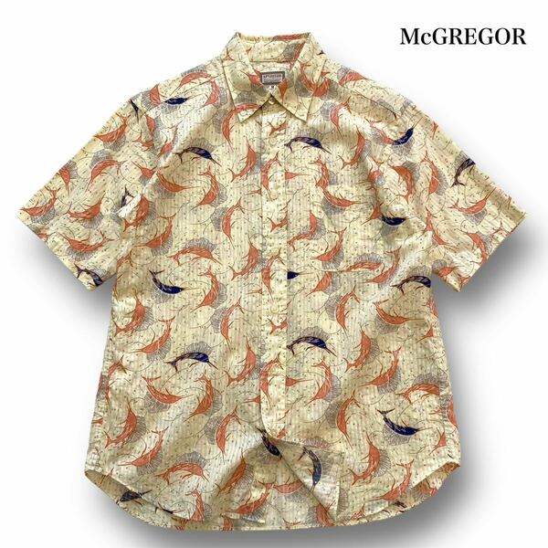 【McGREGOR】マクレガー 半袖総柄シャツ カジキ魚柄アロハシャツ (M) 半袖シャツ ボタンダウンコットンシャツ ストライプ 古着 フィッシュ