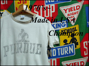 ★シャドー風なプリントパターン★Made in USA製アメリカ製ChampionチャンピオンビンテージカレッジTシャツ70s70年代バータグキャラクターL