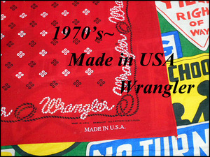 ★コンディション◎な1枚★Made in USA製アメリカ製Wranglerラングラービンテージコットンプリントバンダナ70s70年代宣伝広告ノベルティー