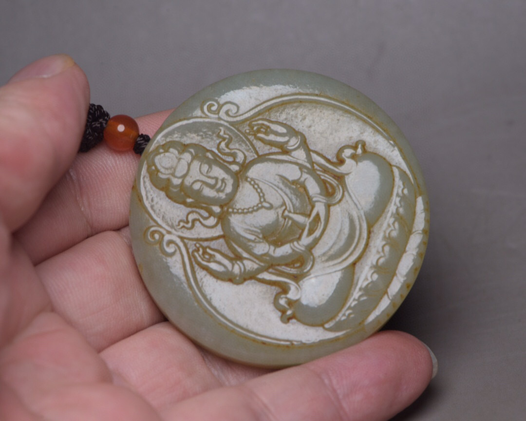 ▽鴻▽ 和田玉製細密彫觀音牌根付裝身具置物古賞物中国古玩中国古美術