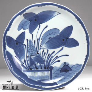 [.] Edo era latter term old Imari . rice field kiln blue and white ceramics . root ... writing wheel flower shaku plate SS11