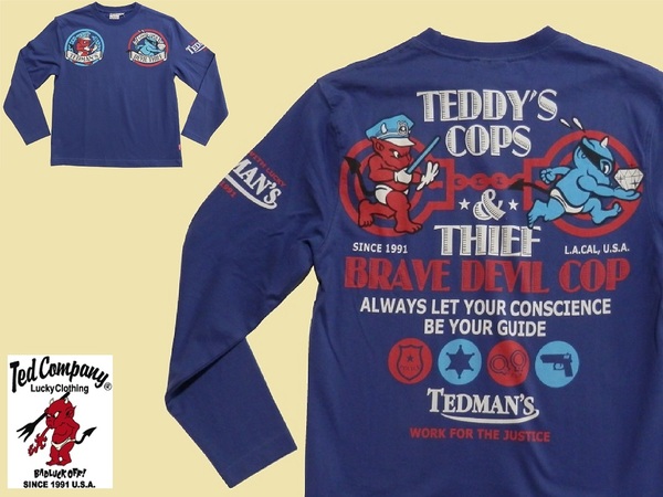 テッドマン/TEDMAN/XSサイズ/長袖Tシャツ/TDLS-305/ブルー/エフ商会/新品/送料無料/アメカジ/TEDDY'S COPS/ロンT