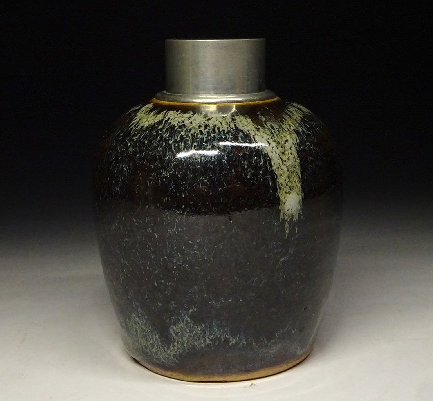 緑屋zc□ 時代物錫蓋海鼠釉茶入茶壺箱付煎茶道具i9/7-6103/29-7#60