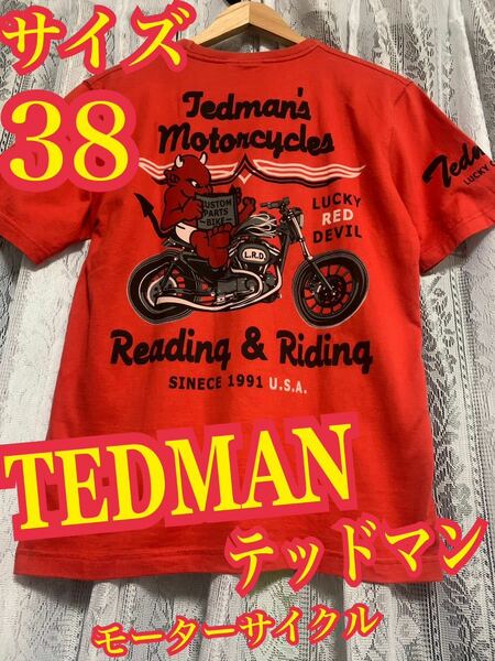 TEDMAN テッドマン モーターサイクル　半袖Tシャツ　丸首　バイカー　オレンジ　USA レッドデビル　38