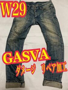 GASVA デニムパンツ　ダメージ　リペア加工　刺繍スカル　インディゴ　W29