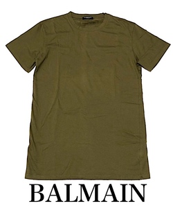 二点落札で送料無料！ 2A11【美品】フランス製 BALMAIN バルマン ヴィンテージ加工 コットン 無地 半袖Tシャツ M メンズ カーキ