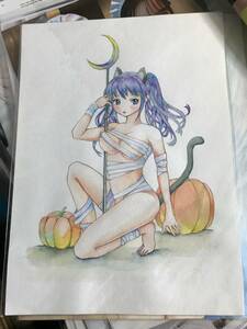 Art hand Auction Illustration manuscrite d'Halloween d'un chat solitaire, des bandes dessinées, produits d'anime, illustration dessinée à la main