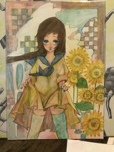 Art hand Auction Sunflower and girl handwritten illustration, comics, anime goods, hand drawn illustration