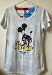 ディズニー ミッキーマウス ラメプリント 星条旗がカッコイイ グレー半袖Tシャツ Disney Mickey ミッキーTシャツ