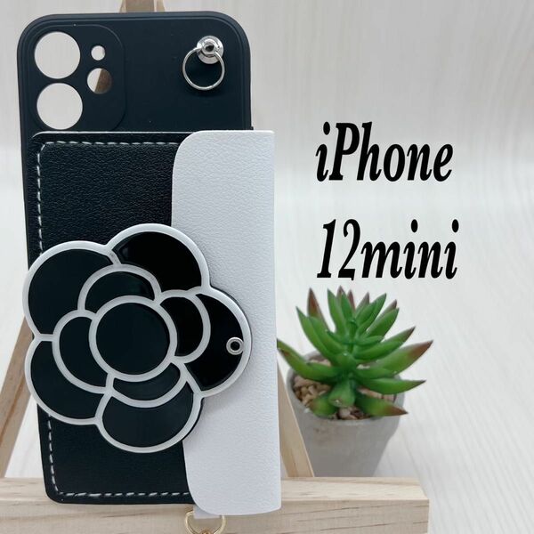 新品　iPhone 12miniケース 花柄 韓国 カメリアケース　大花柄ブラック