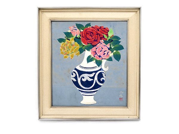 Masao Sekiguchi japanische Malerei Stillleben Rose Malerei Aquarell Blume Rose Vase gerahmt Mitglied der Japan Art Academy, Malerei, Aquarell, Stillleben