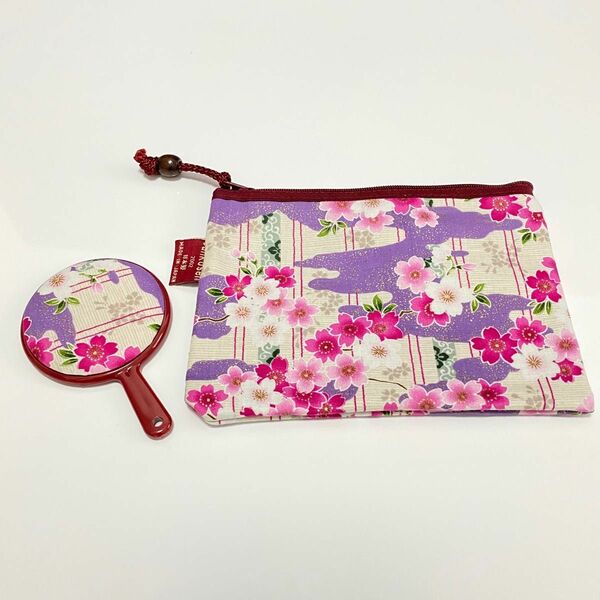 日本製　和柄　ポーチ　手鏡セット　桜　ピンク　紫　ミニポーチ フラットポーチ　着物　浴衣　夏祭り ハンドメイド　パープル　金箔
