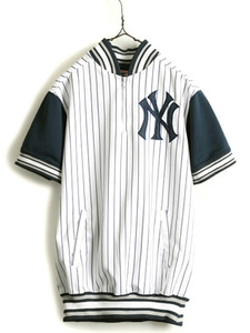 ■ MLB オフィシャル Stitches ヤンキース プルオーバー 半袖 ベースボール シャツ キッズ XL メンズ S 程 半袖シャツ 大リーグ 野球 紺 白