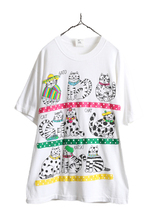 90s USA製 ■ ネコ アート イラスト 発泡 プリント Tシャツ ( メンズ レディース XL 程) 90年代 オールド アニマル 猫 シングルステッチ 白_画像1