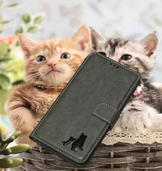 【iphone12/12Pro共用】可愛い猫の刻印付き高級牛本革手帳型ケースグレー新品未使用レザーケース 携帯カバー iPhone 手帳型スマホケース
