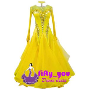 新品fifty_you　セミオーダードレス レディース社交ダンス衣装 サイズオーダー 競技発表用ダンスドレス 素敵良品 ライトストーン飾り 黄色