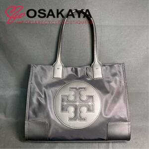 中古美品 Tory Burch エラ スモールトート 88578 ブラック フェイクレザー ナイロン トリーバーチ ミニトート シンプル ロゴパッチ 黒