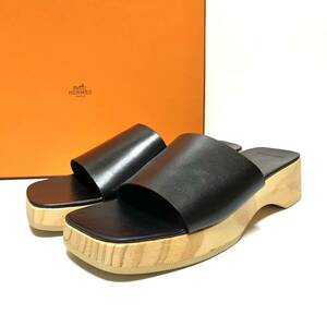 * unused Hermes HERMES wood sole leather sandals black size 41 Spain made sliding sandals sabot geta ....