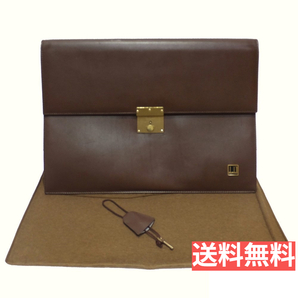 $ 美品 $ 希少■ dunhill ◆ ダンヒル◆ 鍵付き ロゴ入り・ ビジネスバッグ 書類ケース ブリーフケース クラッチバッグ◆ ゴールド×こげ茶