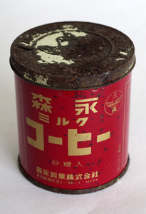 赤い容器・旧エンゼルマーク昔の森永ミルクコーヒー未開封カン缶ブリキ可愛い昭和レトロ看板ドリンク広告Morinagaキャラ６０s飲料です。