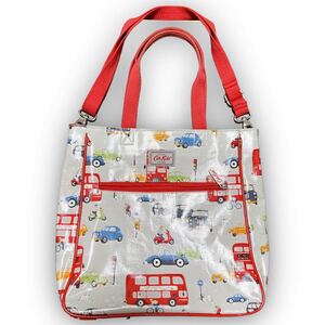 Y250★カジュアル★cath kidston キャスキッドソン ハンドショルダー トートバッグ 車 コットン ライトグレー×レッド ユニセックス 万能