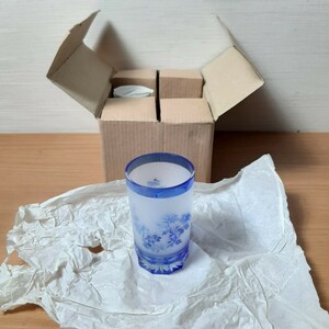 未使用保管品　切子グラス　ガラス　カットガラス　6個　セット　レトロ　ブルー　青　花柄　管理:h93
