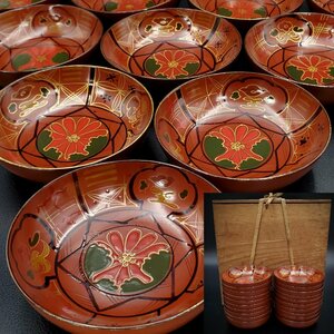 【宝蔵】時代漆器 吉野塗 花文色蒔絵 木皿 菓子皿 20客 11cm 煎茶道具 天然木 漆塗り 漆芸 時代箱