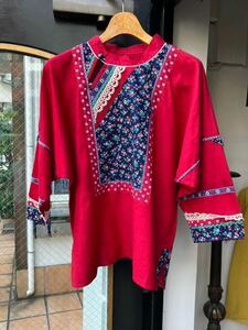 ヨーロッパ古着 ドルマンスリーブブラウス エスニックブラウスvintage blouse shirt スタンドカラーパッチワークフ長袖 LV796