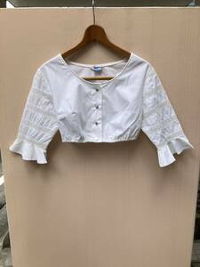 ヨーロッパ古着 ショート丈race blouse vintage shirt コットンレースブラウス フレアスリーブ 白七分袖LV798