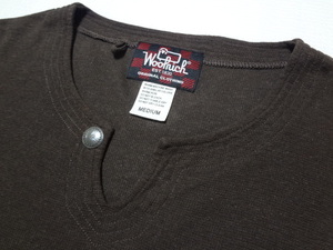 茶M WOOLRICHウールリッチ シルバー925コンチョボタン付き スキッパーネック ヘンプ混ニットTシャツ 2W7-4427 ブラウン Mサイズ ネイティブ