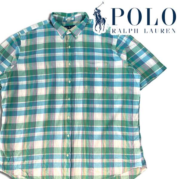 ポロ ラルフローレン マドラスチェック 半袖シャツ 3XLT グリーン ボタンダウンシャツ POLO Ralph Laure チェックシャツ ビッグサイズ 古着