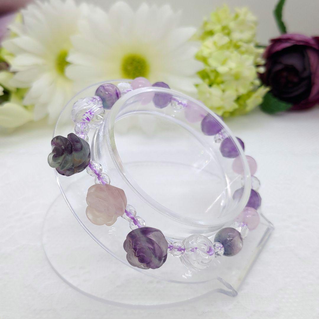 Natural stone bracelet ◆ Fluorite rose carving ◆ Amethyst ◆ Rose quartz, handmade, Accessories (for women), others