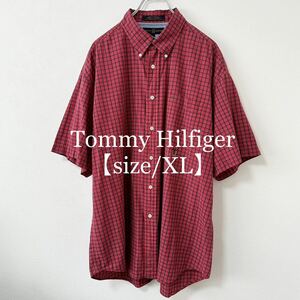 Tommy Hilfiger/トミーヒルフィガー★90s★半袖チェックシャツ★オールドトミー/オールドロゴ刺繍★レッド/赤★XL