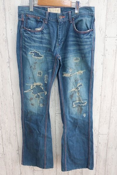 お得】 古着 W34 デニムパンツ ストレート ジーンズ ダメージデニム ...