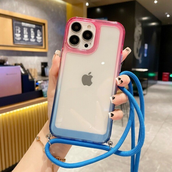 iphone13ケース ピンク/ブルー　スマホケース ショルダータイプ 　携帯ケース　シリコン 斜めがけ ストライプ　透明感　