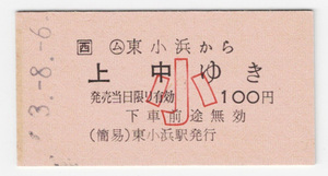 ★ＪＲ西日本★東小浜から上中ゆき★硬券★乗車券★小児用★平成3年